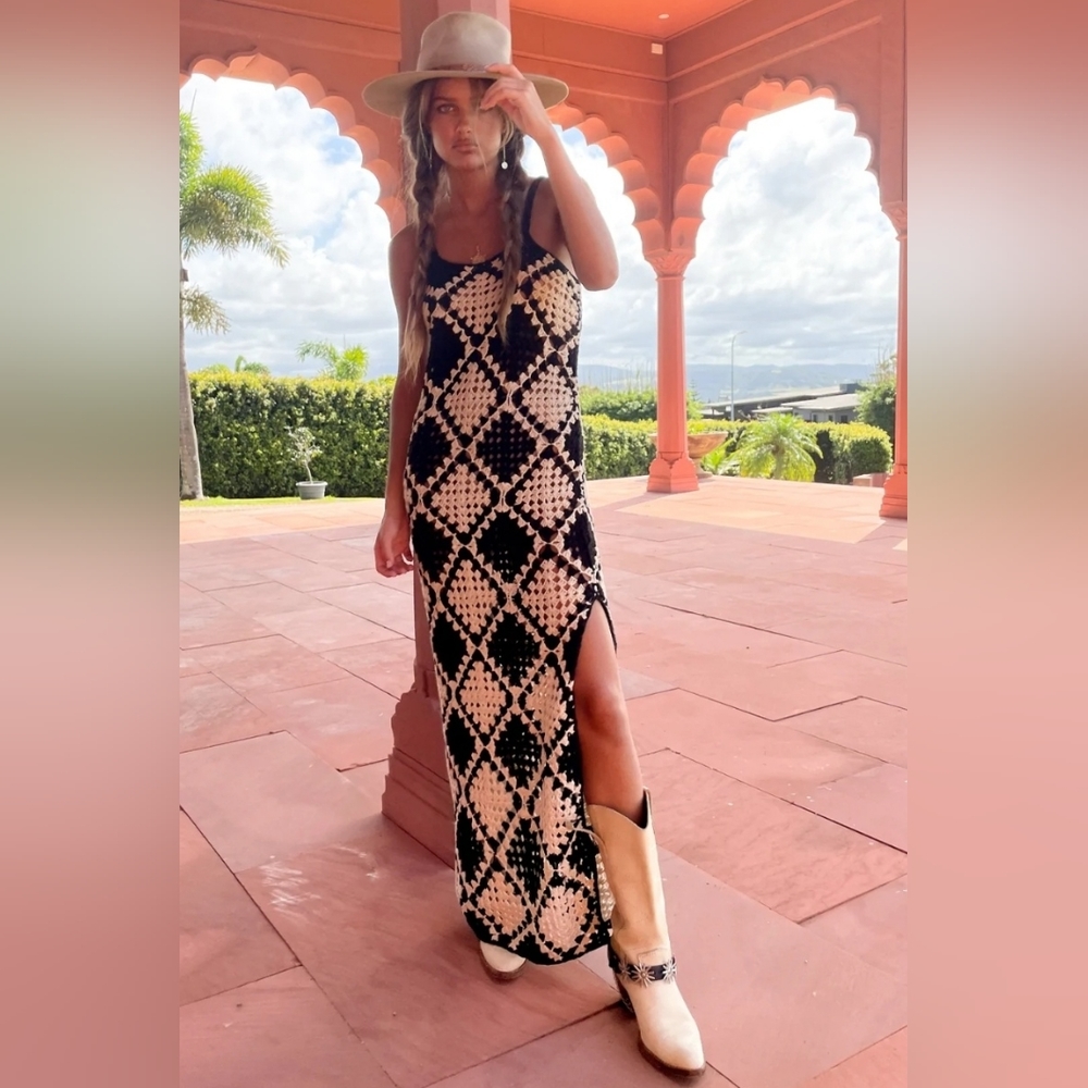 New Boho Crochet Maxi Slip Dress Cover Up Sheer Black Tan